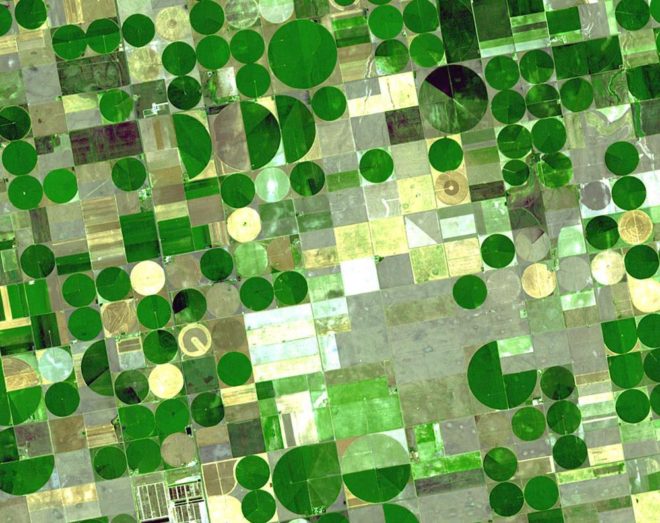 Circles containing crops are superimposed on squares containing dry, unplanted or fallow land.