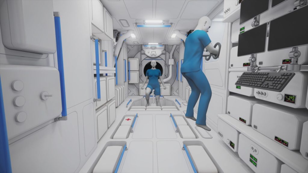 Long, box-like interior with astronauts