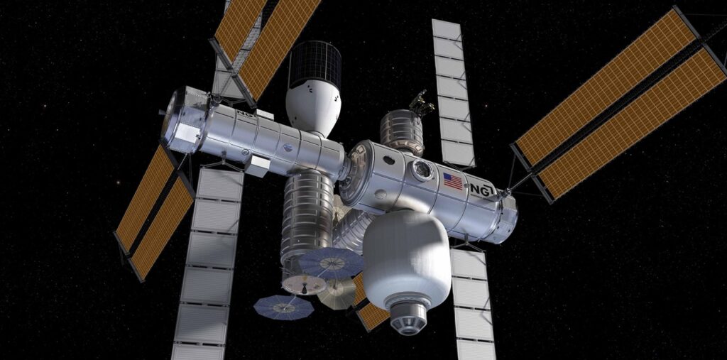 Space station comprising cylindrical modules and solar arrays