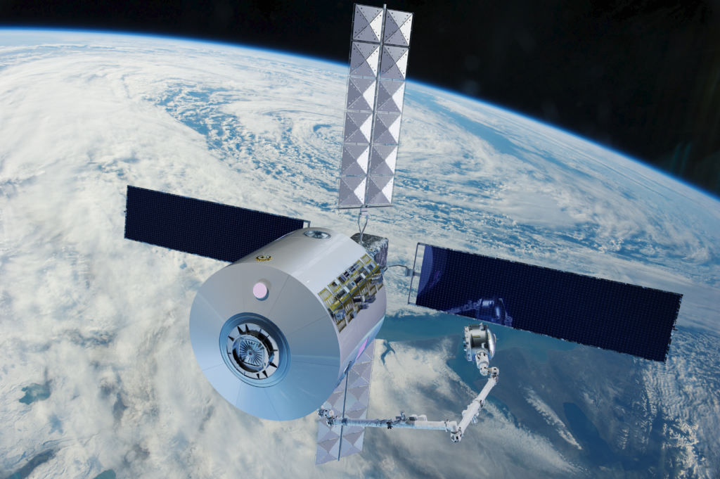 Single module space station with solar arrays floating above earth